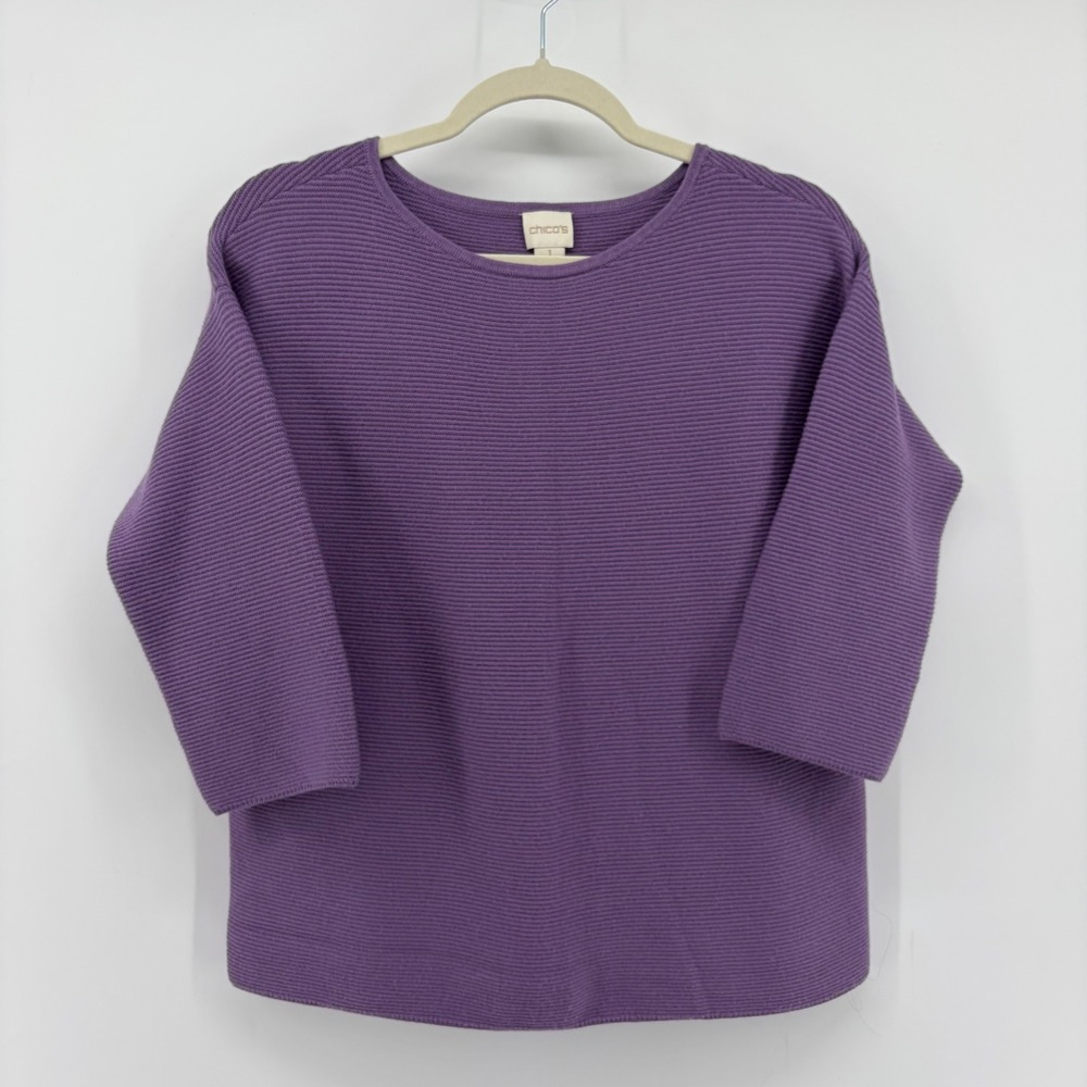 Chico's Womens 1 / US M Purple Sweater Ribbed Knit Boat Neck 3/4 Sleeve Pullover